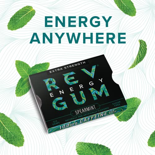 Rev Gum Caffeine Energy Gum | Extra Strength 100mg of Caffeine per Gem | Spearmint Sugar Free Caffeine Gum - Low Calorie Chews to Help You Stay Alert, Awake and Focused - Mint Chewing Gum - 12 Packs (72 Count)