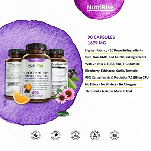 Immunity Complex Immune Support Supplement - 10 Super-Concentrated Ingredients: Vitamin C E B6 Zinc L-Glutamine Elderberry Echinacea Garlic Turmeric Curcumin 7.2 Billion CFU Probiotics For Men & Women