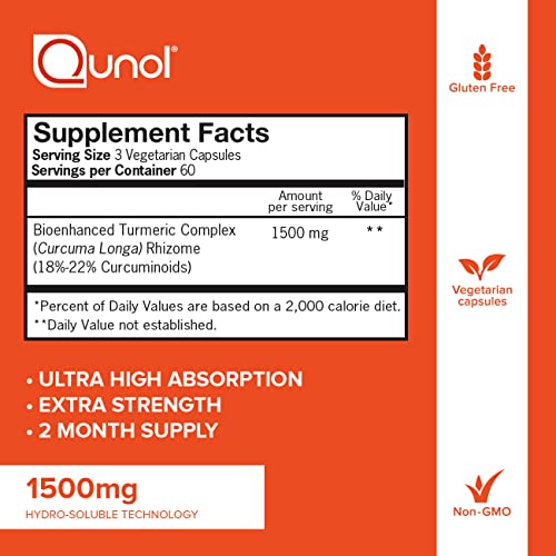 Turmeric Curcumin Capsules, 40x Better Absorption, Qunol 1500mg Extra Strength Supplement, Patented Hydro-Soluble Technology, Alternative to Turmeric Curcumin with Black Pepper, 180 Veggie Capsules
