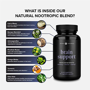 Brain Supplement — Natural Nootropic Brain Booster for Focus, Energy, Memory, Mood, Clarity, and Brain Support with Lions Mane, Ginkgo Biloba & Bacopa Monnieri, Memory Supplement & Focus Supplement