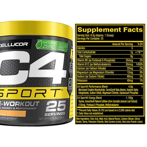 C4 Sport Pre Workout Powder Mango - Naturally Sweetened + Sugar Free Preworkout Energy Supplement for Men & Women - 135mg Caffeine + Creatine - 25 Servings