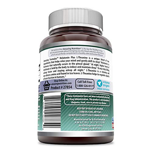 Amazing Nutrition Amazing Formulas Melatonin plus L-Theanine Dietary Supplement - 10 mg - 120 Tablets - (Non-GMO, Gluten Free) Promotes Restful, All-Night Sleep - Helps Reduce Anxiety and Stress