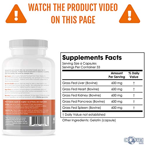 Grass Fed Beef Organs – (200 Count) Liver, Heart, Kidney, Pancreas, Spleen Supplement. Organ Meat Complex sourced from New Zealand