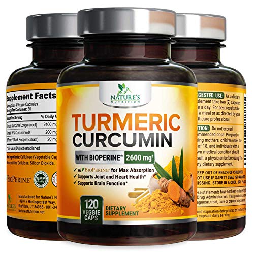 Turmeric Curcumin with Bioperine 95% Curcuminoids 2600mg with Black Pepper for Best Absorption, Made in USA, Best Vegan Joint Support, Turmeric Supplement Pills by Natures Nutrition - 120 Capsules