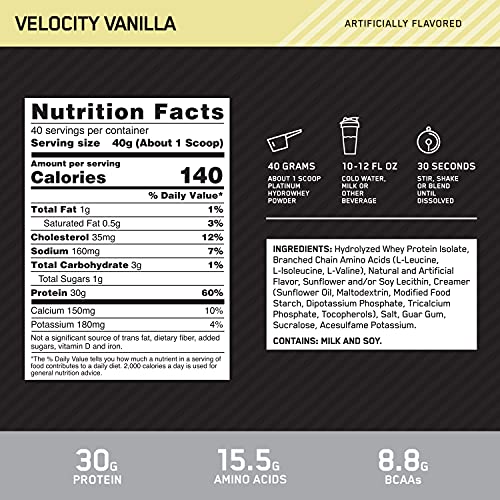 Optimum Nutrition Platinum Hydrowhey Protein Powder, 100% Hydrolyzed Whey Protein Isolate Powder, Flavor: Velocity Vanilla, 3.5 Pounds (Packaging May Vary)
