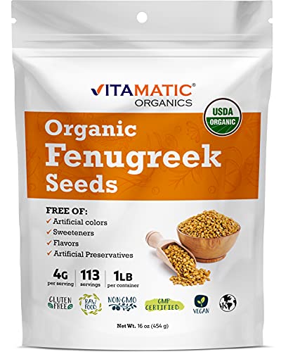 Vitamatic Certified USDA Organic Fenugreek Seeds 1 Pound (16 Ounce) - Also called Methi Seeds