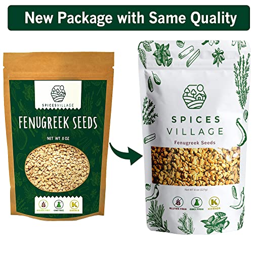 SPICES VILLAGE Fenugreek Seeds [8 oz] - Fenugreek Seeds for Hair Growth, All Natural Dried Indian Methi Seed for Cooking - Kosher Certified, Gluten Free, Resealable Bulk Bag