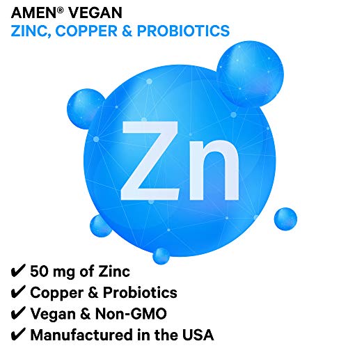 Amen Zinc & Copper Supplement + Probiotics, 3 Months Supply, One Per Day - 50 mg Zinc Picolinate Vitamin Pills - Essential Minerals Supplements – 2 Billion CFUs Probiotic – Vegan, Non-GMO, 90 Capsules