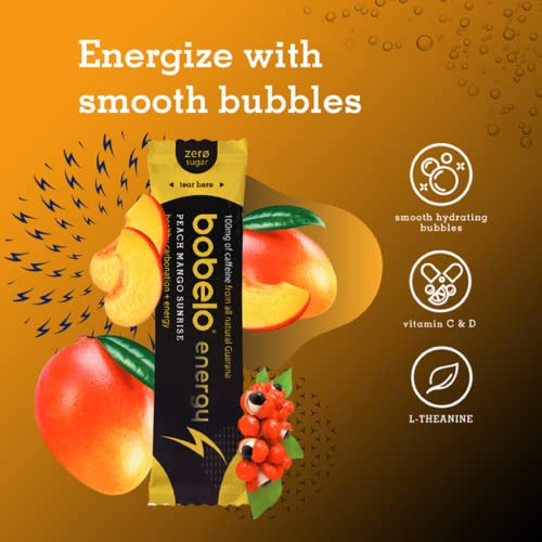 Bobelo Self Carbonating Natural Energy Drink Powder - Peach Mango Sunrise | Keto Energy Drink Mix with Natural Caffeine | Diabetic Friendly and Low Calorie | 14 count