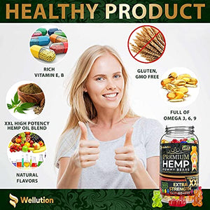 Wellution Hemp Gummies Extra Strength XXL High Potency Vegan - Fruity Gummy Bear with Hemp Oil. Natural Hemp Candy Supplements for Stress & Inflammation. Promotes Sleep & Calm Mood.