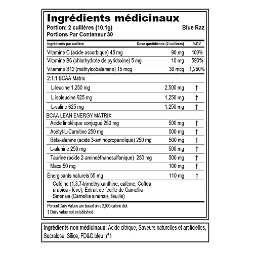 Evlution Nutrition BCAA Lean Energy - Essential BCAA Amino Acids + Vitamin C, Fat Burning & Natural Energy for Performance, Immune Support, Lean Muscle, Recovery, Pre Workout, 30 Serve, Blue Raz
