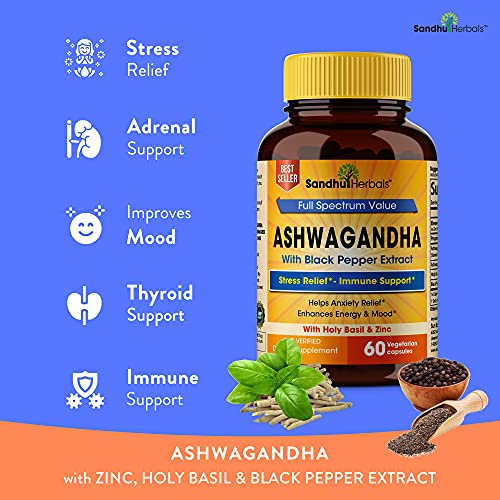 Sandhu Herbals Ashwagandha with Zinc Black Pepper Extract Ashwagandha Powder Stress Relief & Mood Support Supplements 60 Vegetarian Capsules