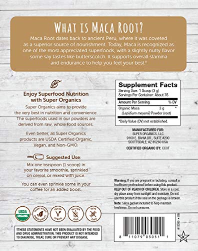 Super Organics Maca Powder | Endurance & Stamina Support| Organic Superfood Powder | Raw Superfoods | Whole Food Supplement – Vegan, Gluten-Free & Non-GMO, 8 oz