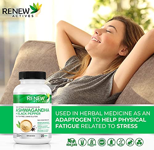 Renew Actives Organic ASHWAGANDHA Capsules: 1300 Mg of Ashwagandha with 10 Mg of Black Pepper - Powerful Herbal Supplement Traditionally Used to Support Sleep - 120 Veggie Supplements. Non-GMO