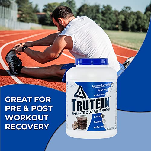 Body Nutrition Protein Powder - Trutein Chocolate Peanut Butter 4lb Whey, Casein & Egg White - Natural Low Carb Keto Friendly Drink - Zero Sugar - Lean Muscle Builder, Weight Loss, Workout, Recovery