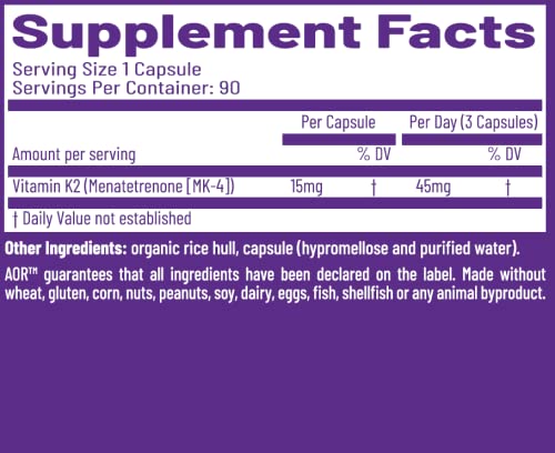 AOR, Peak K2, Supports Bone and Cardiovascular Health and Normal Blood Clotting, Dietary Supplement, 90 servings (90 capsules)