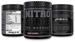 NITROSURGE Black Pre Workout Supplement - Nootropic Energy Booster Powder w/Dynamine & TeaCrine - PreWorkout Nitric Oxide Booster - 30 Servings, Sour Gummy