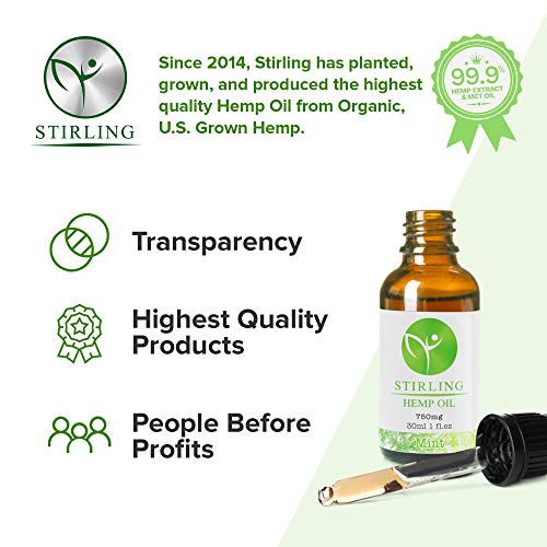 STIRLING - 750mg Real Hemp Oil Extract w/ Mint Essential Oils, Pure & Potent Hemp Oil Tincture with MCT Oil. Produced from U.S. Non-GMO, Organic Hemp. Powerful Extract has 1000x Potency!