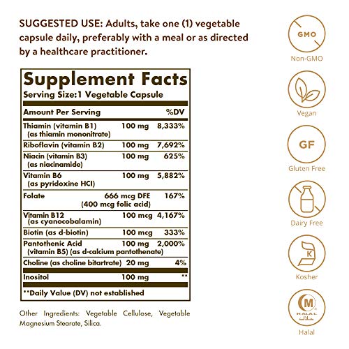 Solgar B-Complex "100", 250 Vegetable Capsules - Heart Health - Nervous System Support - Supports Energy Metabolism - Non-GMO, Vegan, Gluten Free, Dairy Free, Kosher, Halal - 250 Servings