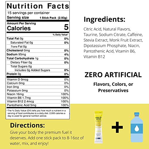 Wake Up Water Energy + Hydration Mix – Lemon – Energy + Hydration Powder Packets With Natural Caffeine, Electrolytes, B Vitamins | No Sugar | Daily Fuel With No Crash Or Jitters | (Lemon)