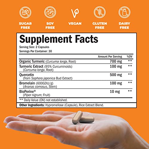 Turmeric Curcumin Quercetin with Bromelain and BioPerine Supplement - Balance and Support for Immune System and Inflammation. Occasional Joint Discomfort Relief. 60 Vegan Capsules for Adults