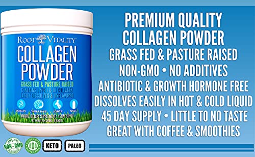Root Vitality Collagen Peptides, Collagen Powder, Grass Fed, Premium Quality Collagen Protein, Pasture Raised, Easily Dissolves, Keto & Paleo Friendly, Non-GMO, 16 Ounces