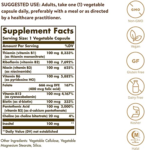 Solgar B-Complex "100", 100 Vegetable Capsules - Heart Health - Nervous System Support - Supports Energy Metabolism - Non GMO, Vegan, Gluten Free, Dairy Free, Kosher, Halal - 100 Servings