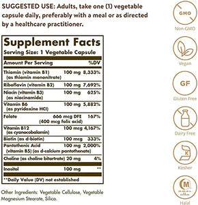 Solgar B-Complex "100", 100 Vegetable Capsules - Heart Health - Nervous System Support - Supports Energy Metabolism - Non GMO, Vegan, Gluten Free, Dairy Free, Kosher, Halal - 100 Servings
