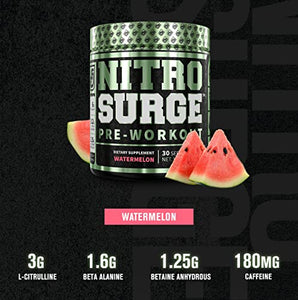 NITROSURGE Pre Workout Supplement - Endless Energy, Instant Strength Gains, Clear Focus, Intense Pumps - Nitric Oxide Booster & Powerful Preworkout Energy Powder - 30 Servings, Watermelon