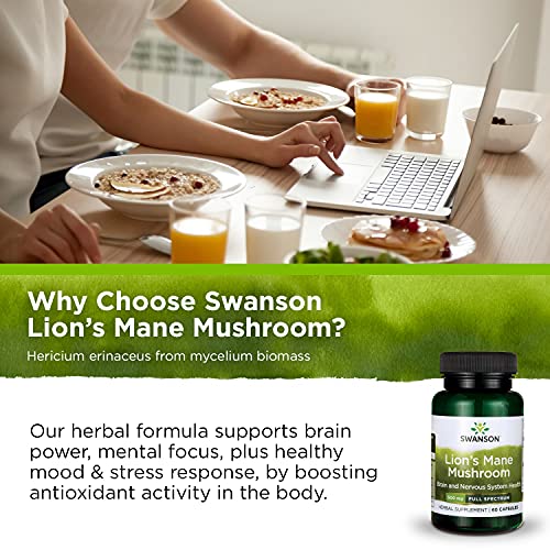 Swanson Lion's Mane Mushroom - Herbal Supplement Promoting Mental Focus, Clarity, & Memory Support - Traditional Brain Booster Supplement Made from Hericium Erinaceus - (60 Capsules, 500mg Each)