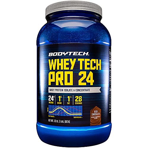 BodyTech Whey Tech Pro 24 Protein Powder Protein Enzyme Blend with BCAA's to Fuel Muscle Growth Recovery, Ideal for PostWorkout Muscle Building Rich Chocolate (2 Pound)