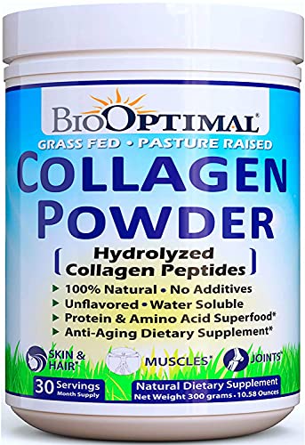 BioOptimal Collagen Powder, Collagen Peptides, Grass Fed, Non-GMO Premium Quality Hydrolyzed Collagen Protein, Pasture Raised, Dissolves Easily, 300 Grams