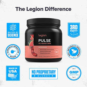 Legion Pulse Pre Workout Supplement - All Natural Nitric Oxide Pre-Workout Drink to Boost Energy, Creatine Free, Naturally Sweetened, Beta Alanine, Citrulline, Alpha GPC (Watermelon) 21 Servings