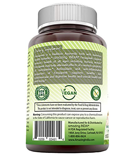 Amazing India Fenugreek 610 mg 180 Veggie Capsules (Non-GMO) *Supports Women’s Health* Supports Digestive Health* Promotes Overall Health & Well-Being*