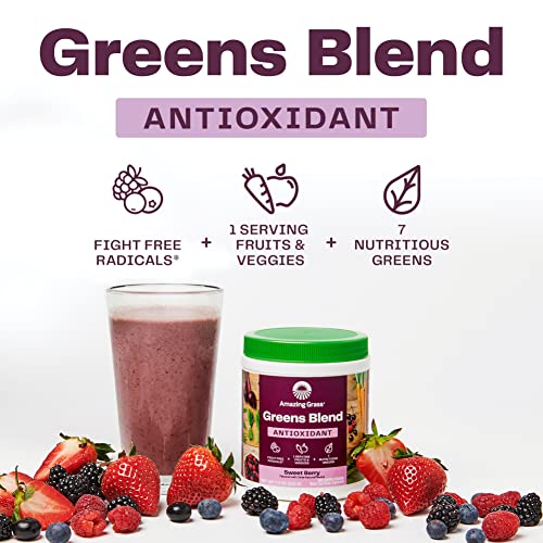 Amazing Grass Greens Blend Antioxidant: Super Greens Powder with Spirulina, Beet Root Powder, Elderberry, Bilberry, Prebioitics & Probiotics, Sweet Berry, 30 Servings (Packaging May Vary)