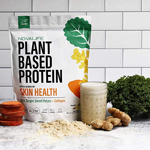 NovaLife Organic Skin Health Vanilla Plant Protein Powder, 1.65 Pounds, 20 Servings, 24g Protein, Collagen, Low Carb, Keto Friendly, Soy Free, Dairy Free, Non-GMO, Gluten Free, No Sugar Added