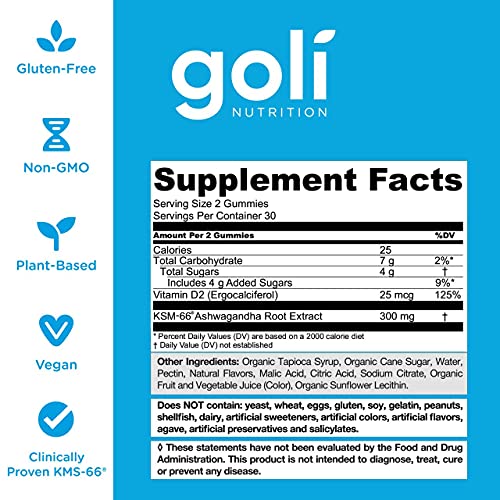 ASHWA Vitamin Gummy by Goli Nutrition - Ashwagandha and Vitamin D Gummies - 30 Count - Relax. Restore. Unwind. (Mixed Berry, KSM-66, Vegan, Plant Based, Non-GMO, Gluten-Free & Gelatin Free)