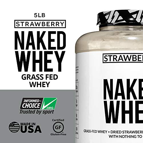 Strawberry Whey Protein - All Natural Grass Fed Whey Protein Powder + Dried Strawberries + Coconut Sugar- 5lb Bulk, GMO-Free, Soy Free, Gluten Free. Aid Muscle Growth & Recovery - 61 Servings