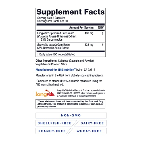 1MD Nutrition CurcuminMD Plus - Turmeric Curcumin with Boswellia Serrata - 285x More Absorbable | Joint Stiffness, Muscle Recovery, and Mood Support | 60 Capsules