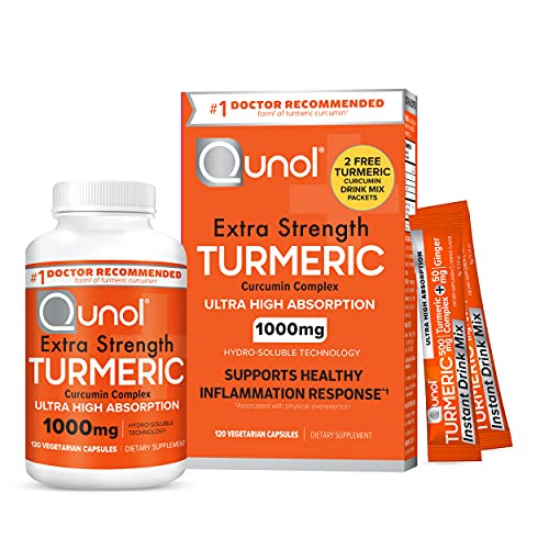 Turmeric Curcumin Capsules with 2 Turmeric Powder Packets, 40x Better Absorption, Qunol 1000mg Extra Strength Supplement, Patented Hydro-Soluble Technology, 120 Vegetarian Capsules w/Turmeric Sachets