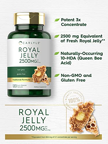 Royal Jelly Capsule | 2500mg | 120 Count | Non-GMO and Gluten Free Formula | Traditional Supplement | by Carlyle