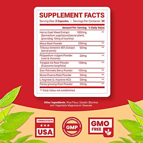 Pure Horny Goat Weed Extract with Maca Powder – Immune Support – Helps Increase Drive and Stamina – Booster for Men and Women Tongkat Ali Plus L-Arginine Increases Energy – 60 Capsules