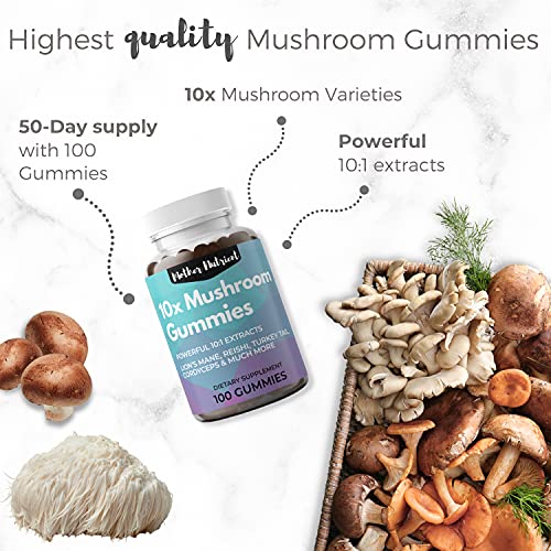 Mushroom Supplement Gummies w/10x Mushroom Powder by Mother Nutrient. Lions Mane Mushroom Complex Supplement, Shiitake Mushrooms, Cordyceps, Chaga & Reishi Mushroom Gummies for Energy, Focus, Immunity