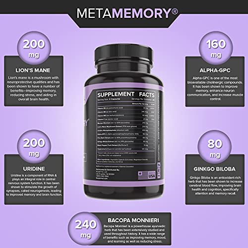 metaMEMORY by Nuoptimal - Premium Nootropics Brain Booster Supplement for Memory Support & Brain Health - 8 Cognitive Enhancing Ingredients : Lions Mane Mushroom, Alpha GPC, Ginkgo Biloba, & Huperzine