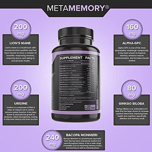 metaMEMORY by Nuoptimal - Premium Nootropics Brain Booster Supplement for Memory Support & Brain Health - 8 Cognitive Enhancing Ingredients : Lions Mane Mushroom, Alpha GPC, Ginkgo Biloba, & Huperzine