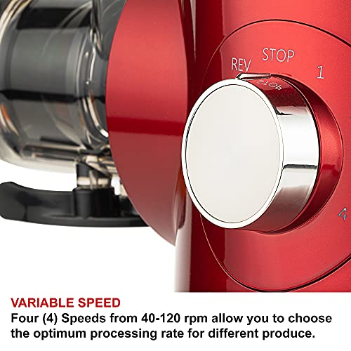 SANA 727 SUPREME JUICER 15 YEAR Warranty Made in KOREA Brushless DC 24 Hour Motor Low-Speed Masticating Juicer 4 Variable Speeds 40 120 RPM Large Capacity, 132 Page Recipe Book, Juice, Milk, Butters, Spreads, Desserts US Voltage (Red)