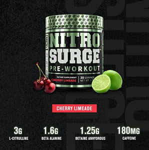 NITROSURGE Pre Workout Supplement - Endless Energy, Instant Strength Gains, Clear Focus, Intense Pumps - Nitric Oxide Booster & Powerful Preworkout Energy Powder - 30 Servings, Cherry Limeade