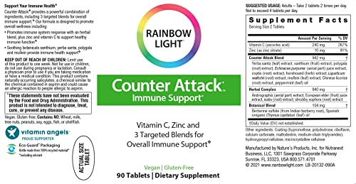 Rainbow Light Counter Attack with Vitamin C and Zinc, Gluten-Free, Vegan, Sugar-Free, 3 Targeted Blends For Overall Immune Support, 90 Tablets