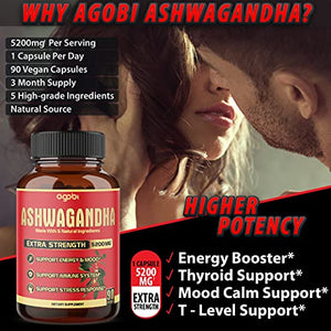 5in1 Ashwagandha Capsules - Equivalent to 5200mg Powder - Combined With Turmeric, Ginger, Black Pepper And Rhodiola - Mood And Strength Support Supplement - 1 Pack 90 Capsules 3-Month Supply