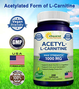 Acetyl L-Carnitine 1000mg Max Strength - 200 Veggie Capsules - High Dosage Acetyl L Carnitine HCL (ALCAR) Supplement Pills to Support Pure Energy, Brain Function & Fatty Acid